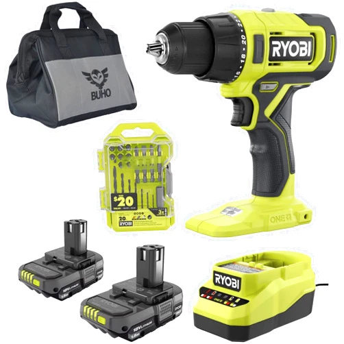 Buho Cordless 1/2 inch Power Drill Driver Bundle with Ryobi Drill, (2) 18-Volt Batteries, Charger, 20 Piece Multipurpose Drill Bit Set and Buho Tool Bag