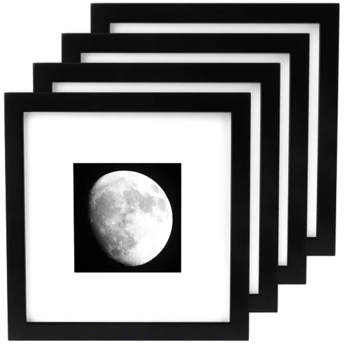 AEVETE 8x8 Picture Frames Black Wood 4 Pack Wall Tabletop Square Frames for 8x8 without Mat and 4x4 with Mat