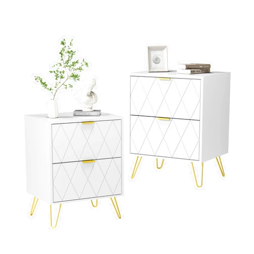 Anbuy White Nightstand Set of 2, End Side Table Double, Bedside Table with 2 Drawers, Dual Night Stand Metal Gold Legs for Bedroom Living Room