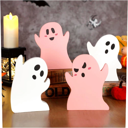 Ojustbeok 4Pcs Pink Halloween Table Decorations Wooden Cute Ghost Table Centerpiece Decor Pink White Spooky Tiered Tray Pastel Ghosts Wood Plank Signs Tabletop Halloween Party Shelf Display Office Home Kid Gift
