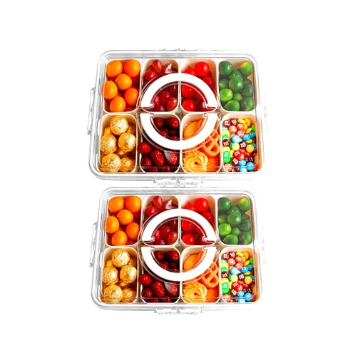 Zonpexe Snackle Box with Handle, Removable Snack Box Container for Candy, Fruits, Nuts, Charcuterie and Veggies, Divided Serving Tray with Lid Perfect for Party and Entertaining (2-Pack)