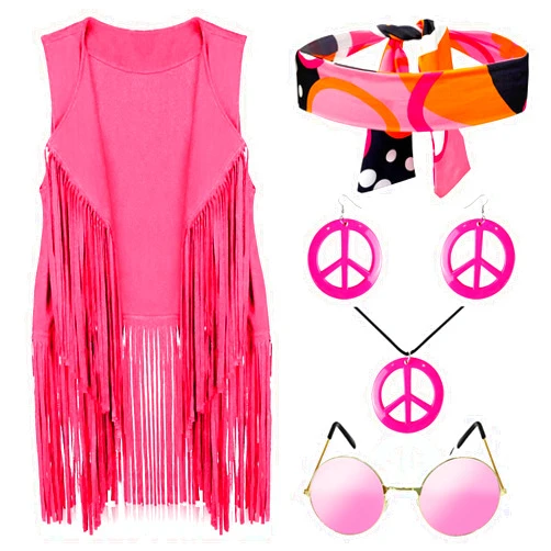 IncreDecor 60s 70s Outfits for Women Hippie Costume Accessories Peace Sign Earrings and Headband, Fringe Vest Cardigan Set