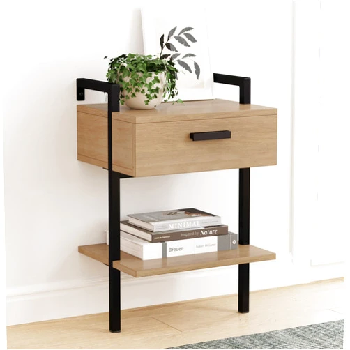 Nathan James Jenny 2-Tier Industrial Wood Wall Mount Rustic Bedside Table Nightstand with Drawer and Storage Shelf, 1, Oak/Black