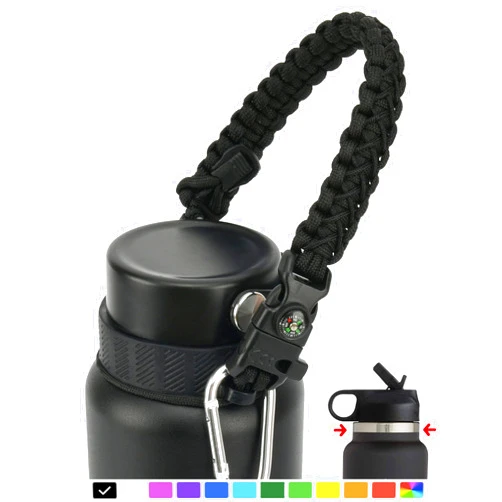 QeeCord 2.0 Paracord Handle for Hydroflask 2.0 Wide & Standard Mouth Water Bottles Strap Carrier with New Safety Ring Holder, 12oz - 64oz