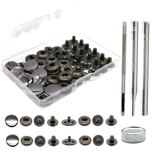 Raydodo 12 Sets Leather Snap Fasteners Kit, 15mm Metal Snap Buttons Kit Press Studs with 4 Install Tools, Leather Rivets and Snaps for Clothing, Leather, Jeans, Jackets, Bracelets, Bags (Black)