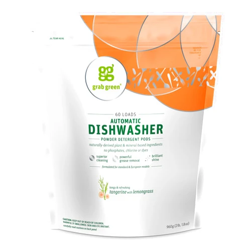 Grab Green Automatic Dishwashing Detergent Pods, 60 Count, Tangerine Lemongrass Scent, Plant and Mineral Based, Superior Cleaning, Powerful Grease Removal, Brilliant Shine