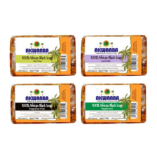 AKWAABA 4 Pack - African Black Soap Bars (Tea Tree, Lavender, Fragrance-free, Peppermint) Acne Collection - 100% African Black Soap Cleansing & Moisturizing 16oz (Pack of 4)