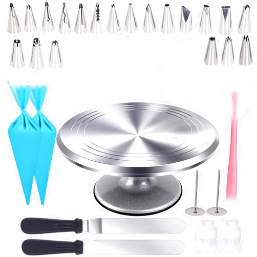 Uten 12 Inch Cake Turntable Cake Decorating Supplies Kit, 33 pcs Rotating Aluminium Cake Stand Set, Baking Tools with 20 Icing Tips, Bags, 3 Icing Smoother, Straight & Offset Spatula, Silicone Spatula