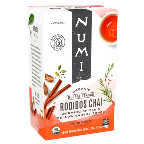 Numi Organic Rooibos Chai Tea, 18 Tea Bags, Red Tea with Cinnamon, Allspice & Ginger, Caffeine Free (Packaging May Vary)