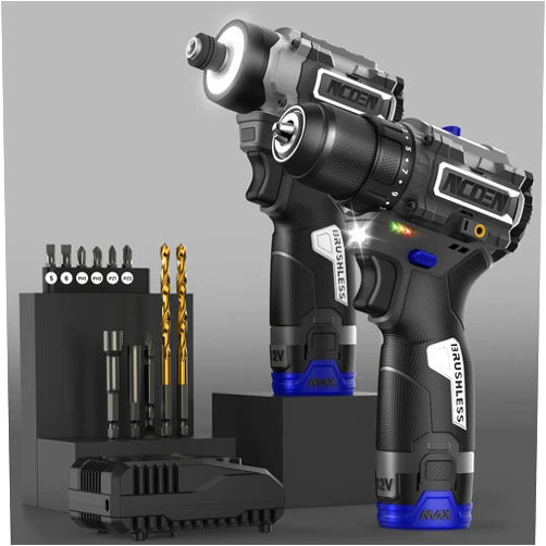 NCOEN 12V Cordless Impact Drill and Impact Driver Power Tool Combo Kit with 2 Batteries and Fast Charger (3/8