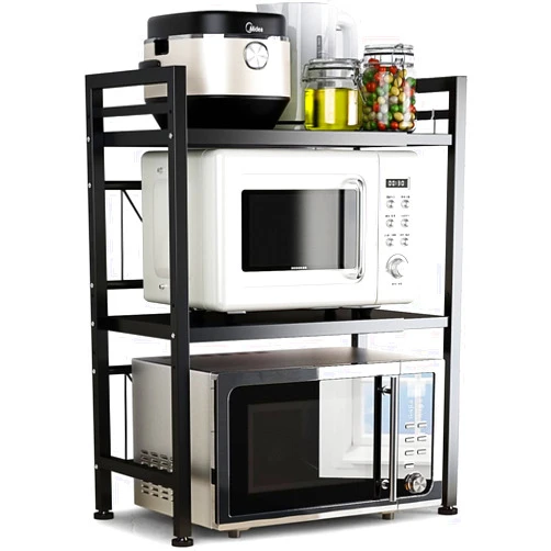 DOLALIKE Microwave Oven Rack, Expandable Microwave Stand Countertop Kitchen Utensils Tableware Storage, Carbon Steel Over Microwave Shelf Countertop with 3 Hooks