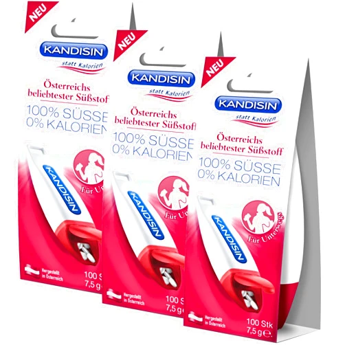 KANDISIN Classic Table Sweetener Dispenser for on the go 3x100 pcs. - The calorie-free sweetener for coffee, tea and other beverages/Austria