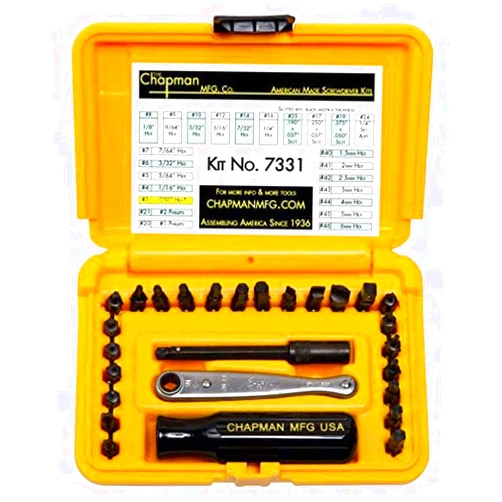 JNAB Chapman MFG 7331 All-Purpose Standard Screwdriver Set - Includes Phillips, SAE Allen Hex & Slotted/Flathead Bits - Complete Set Offers 24 USA Made Insert Bits + Mini Ratchet Hand Tool (Yellow Case)