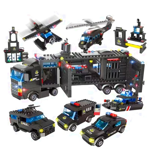 ELAICREE 1102 Pieces City Police Station Building Kit, SWAT Mobile Command Center Truck Building Toy with Police Car, Helicopter, Patrol Boat, Best Learning and Roleplay Swat Toy Gift for Boys and Girls