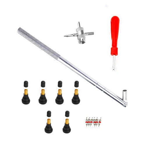 AICEL Tire Valve Stem Tool Puller and Installer Kit, Remover and Installation Set, 6 Pcs TR412 Snap-in Valve Stems with Valve Stem Cores, 1 Pcs Single Head Tire Valve Core Tool, 1 Pcs 4-Way Valve Tool