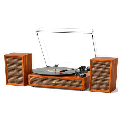TANLANIN Record Player with External Speakers Vintage Bluetooth Turntable for Vinyl Records Dual Stereo Speakers Belt-Drive LP Player Support 3 Speed 3 Size Records AUX RCA Output Auto Stop Brown Wood