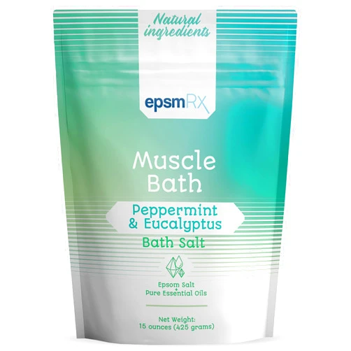 EpsmRx Muscle Bath Salt 15 Oz Epsom Salt Bath Soak Pouch, Peppermint Essential Oil, Eucalyptus Essential Oil