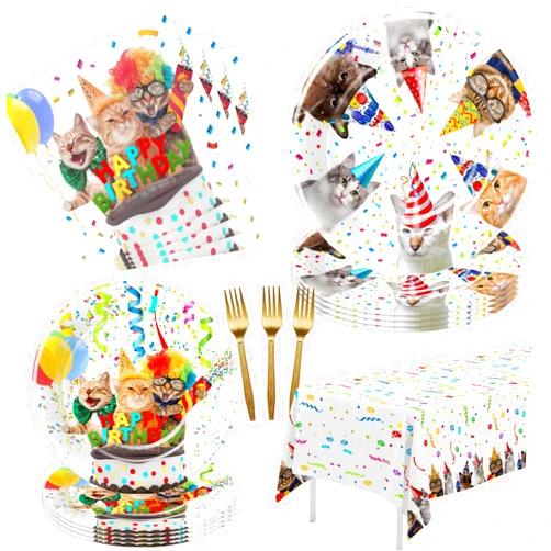 APOWBLS Cat Birthday Party Supplies - Cat Party Decorations Dinnerware, Plates, Cups, Napkins, Tablecloth, Fork, Kitten Birthday Party Supplies, Cat Birthday Table Decorations Tableware | Serve 24