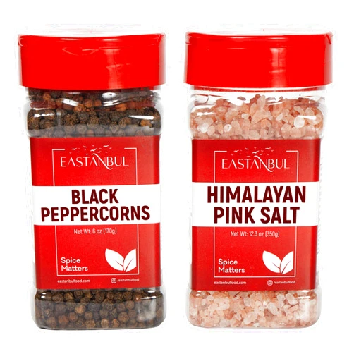 Eastanbul Salt and Pepper for Grinder Refill, Peppercorns Whole 6oz, Pink Himalayan Salt 12.3oz, Peppercorns for Grinder Refill, Himalayan Pink Salt and Pepper, Spice Buddies Series, Gift Box
