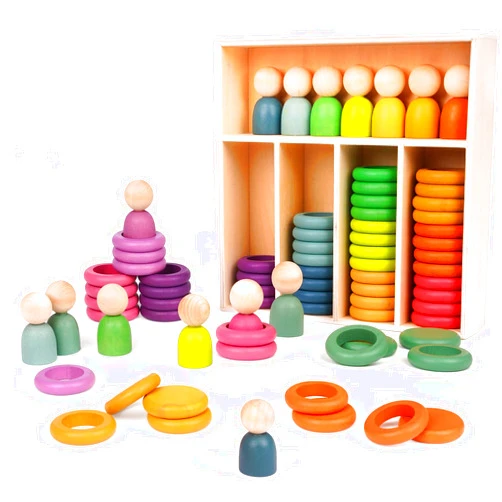 Agirlgle Montessori Toys Wooden Color Sorting Stacking Rings Toy Rainbow Wooden Peg Dolls Counting Toys Circular Building Blocks Stacking Game Preschool Learning Education Fine Motor Skill Toys for Toddlers