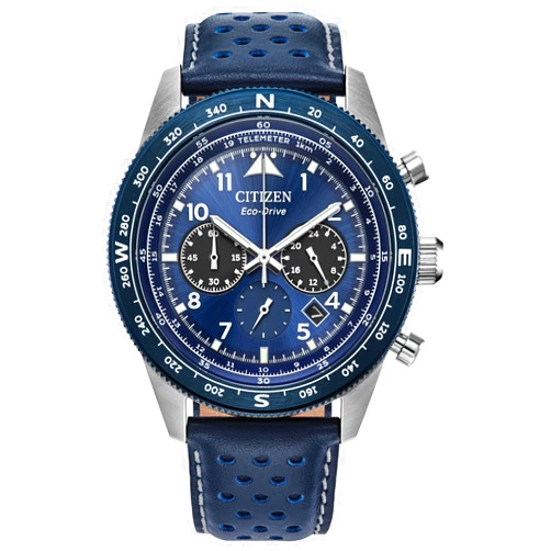 Citizen Men's Eco-Drive Weekender Sport Casual, Silver-Tone Stainless Steel Watch, Blue Leather Strap, Chronograph (Model: CA4557-01L)