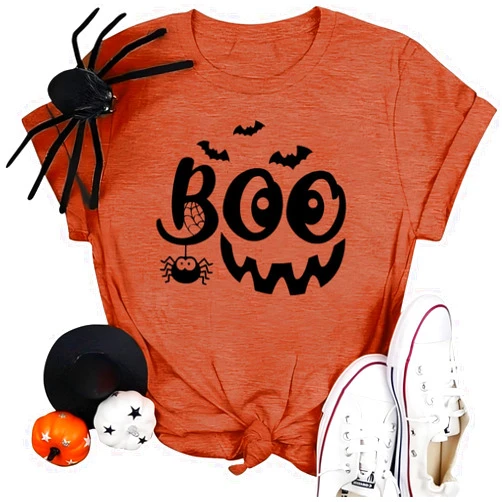 Fuaili Women Halloween Thanksgiving Shirts Funny Leopard Pumpkin Graphic Print Fall T Shirts