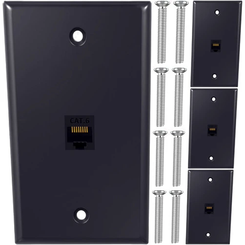 Weewooday 4 Pack Ethernet Wall Plate with Single Port, RJ45 Cat6 Female to Female Jack Inline Coupler Plates Ethernet Cable Faceplates (Black)