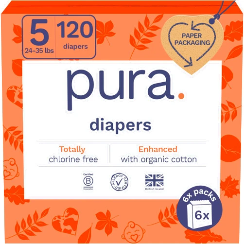 Pura Size 5 Eco-Friendly Diapers (24-35 lbs) Totally Chlorine Free (TCF), Hypoallergenic, Soft Organic Cotton, Sustainable, up to 12 Hours Leak Protection, Allergy UK, 6 Packs of 20 (120 Diapers)