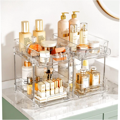 PXRACK 2 Packs 2-Tier Bathroom Counter Organizer, Pull-Out Skincare Perfume Make up Organizers for Vanity Countertop Tray with 4 Removable Dividers, Transparent Bathroom Organizers and Storage for Cabinet