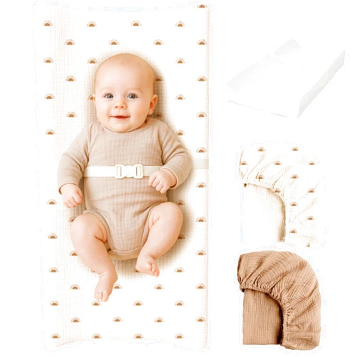 Konssy Muslin Changing Pad with Waterproof Lining Foam, Includes 2 Pack Soft & Cotton Cover, Baby Diaper Changing Pad for Dresser or Table, 32x16 inches (Sun,Camel)