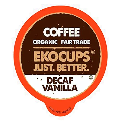 EKOCUPS Organic Swiss Water Decaf French Vanilla Flavored Coffee Pods, Extra 30% More Coffee, Fair Trade Medium Roast, Decaf Vanilla Coffee for Keurig K Cup Machines, Recyclable Pods, 80 Count