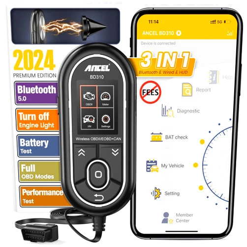 ANCEL BD310 OBD2 Scanner Diagnostic Tool - 3 in 1 OBD2 Scanner Bluetooth - App Based OBDII Scan Tool for Android & iPhone - Check Engine Light Code Reader - Wired, Bluetooth, and Heads-up Display