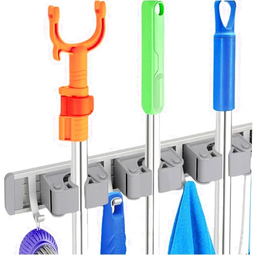 GUHOT Mop Holder Wall Mount Broom Hanger,Mop Organization Garage Storage System With 3 Racks and 4 Hooks,Tool Organizer for Garage, Kitchen, Closet, Bathroom