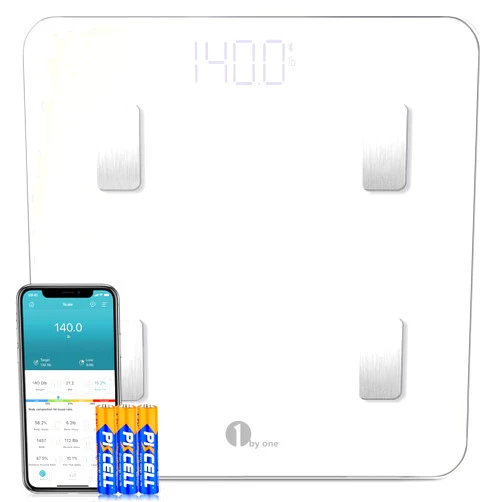 1 BY ONE 1byone Digital Body Fat Scales for Body Weight Smart Wireless Bathroom Scale with BMI, Bluetooth,Accurate Step on Technology Body Composition Analyzer 14 Key Compositions, 400lbs