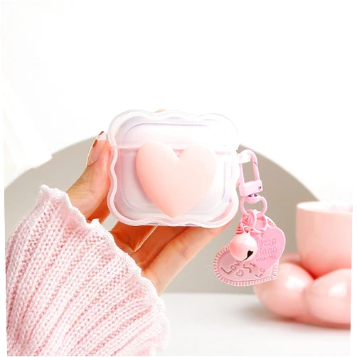 QLD COVER Compatible with Apple AirPods 3 Generation 2021 Case Cover, Lovely 3D Love Heart Waves Design Shockproof Soft Clear TPU Airpods 3 Protector with Keychain for Women Girls, Love Pink