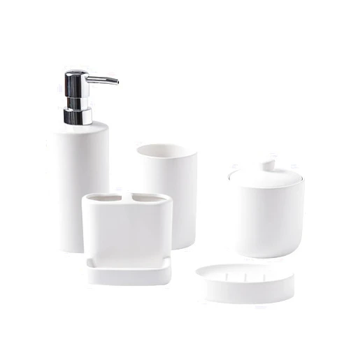 SURUI Bathroom Accessory Set 5 Pcs,SURUI Complete Matte White Bathroom Accessory Set with Toothbrush Holder，Tooth Glass，Cotton Swab/Cotton BallDispenser，Soap Dish，Liquid Soap Dispenser（White）