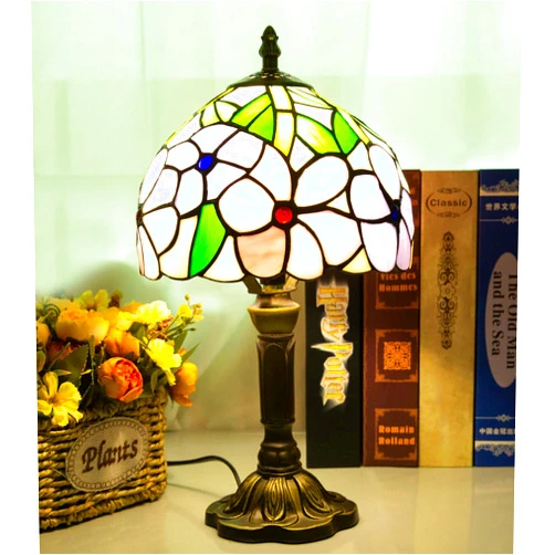 JHuiLap Tiffany Table Lamp, 8X14 inches Stained Glass Lamp,Four Flower Style Handmade Vintage Bedside Lamp,Decor Bedside Bedroom Living Room and Home,Include E26 LED Bulb