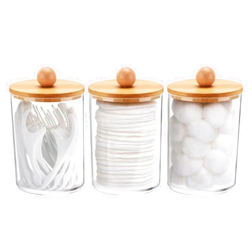 Tbestmax 10 Oz Cotton Swab/Ball/Pad Holder, Qtip Apothecary Jar, Clear Bathroom Containers Dispenser for Storage 3 Pack Wood Lids