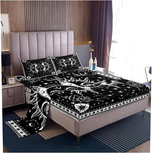 Erosebridal Bohemian Sun Moon Sheets Queen Boho Hippie Bed Sheets 4 Piece Black and White Sheet Set Aesthetic Trippy Galaxy Flat Sheet Psychedelic Mystic Stars Fitted Sheet for Kids Teens Adults