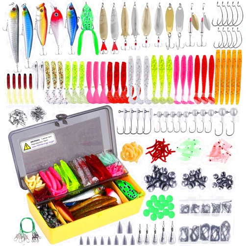 PLUSINNO Fishing Lures Baits Tackle Including Crankbaits, Spinnerbaits, Plastic Worms, Jigs, Topwater Lures, Tackle Box and More Fishing Gear Lures Kit Set, 102/302Pcs Fishing Lure Tackle