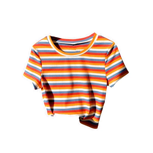 WDIRARA Women's Colorful Striped Short Sleeve Tee Shirt Y2k Crewneck Ribbed Knit Crop Tops