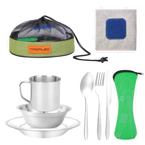 Trdipileo Camping Cutlery Set, 8 Piece Stainless Steel Cutlery Set Including Cutlery Spoons Mug Bowls & Plates Rags, Organizer Straps Easy to Carry for Backpacking, Camping, Hiking and Picnics