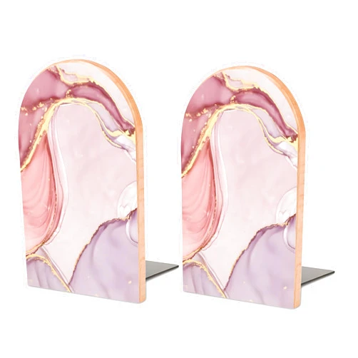 PAVQWEJ 2PCS Pink Wood Bookends for Shelves, Glitter Rose Gold Pink Marble Book Ends Book Stand Supports for Home Office School Study Room Desk Shelves Decor (1 Pair) Pink