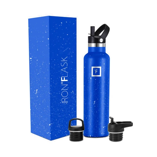 IRON °FLASK Sports Water Bottle - 3 Lids (Narrow Straw Lid) Leak Proof Vacuum Insulated Stainless Steel - Hot & Cold Double Walled Insulated Thermos, Durable Metal Canteen - Cobalt Blue Speckle, 24 Oz