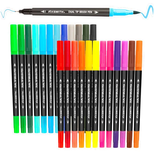 FIXSMITH Dual Brush Marker Pens - 24 Colored Art Markers, Fine Point & Brush Tip Water Based Markers, for Kids Adult Coloring Books Bullet Journals Planners, Note Taking Sketching Drawing Art