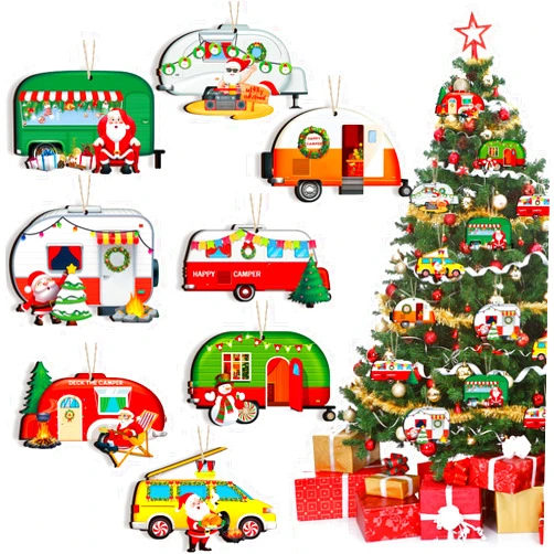 Spiareal 32 Pieces Happy Campers Christmas Ornaments Caravan Christmas Wooden Ornaments Xmas Tree Decorations Vintage Santa RV Trailer Hanging Ornament for Holiday Christmas Home Party Crafts