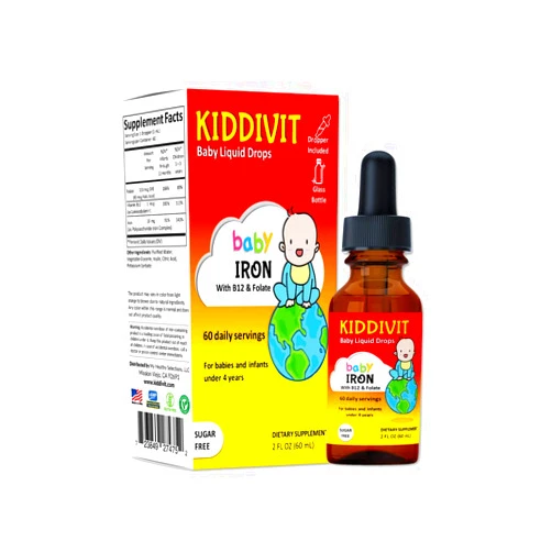 Kiddivit Baby Iron Liquid Drops with Vitamin B12 & Folate - 60 Daily Servings, 2 Fl Oz (60 mL) - Inulin Fortified (Prebiotic, Dietary Fiber) - Sugar Free, Gluten Free, Vegetarian Friendly
