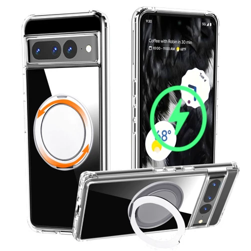 Tffozssi Case for Google Pixel 7 Pro, Compatible with Magsafe - 360° Spin Magnetic Stand - Transparent Hard PC Back & Soft TPU Bumper Protective Droproof Shockproof Cover Case, Clear