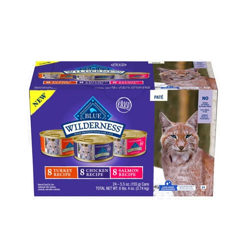 Blue Buffalo Wilderness High Protein, Natural Adult Pate Wet Cat Food Variety Pack, Chicken, Salmon, Turkey 5.5-oz can (24 count - 8 of Each Flavor)