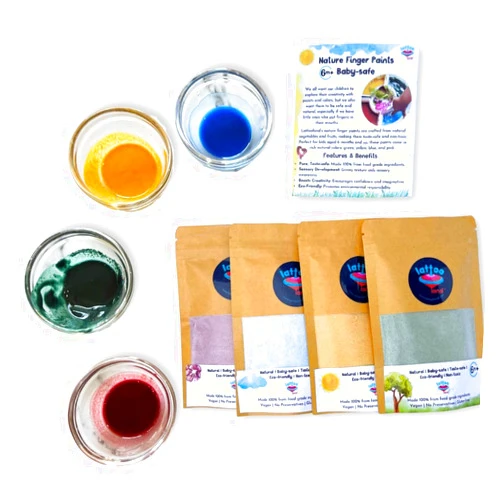 Lattooland Natural Vegan Finger Paints for Babies & Toddlers | Vegetable-based Paint Powders | Non-Toxic Baby Paint Set for Art, Craft | Eco-Friendly Color Paint Set | Taste-safe Toddler Paint Set | Sensory Play Paints for Kids Aged 6+ Months (4 Colors) | Washable Finger Paints for kids
